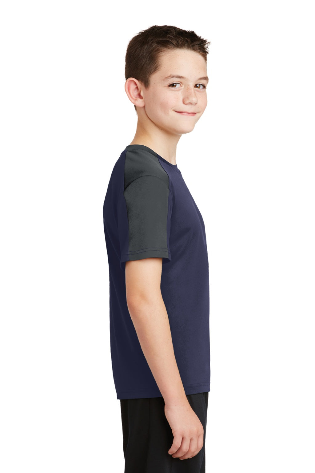 Sport-Tek YST354 Youth Competitor Moisture Wicking Short Sleeve Crewneck T-Shirt True Navy Blue/Iron Grey Model Side