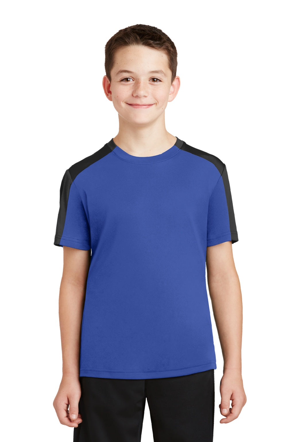 Sport-Tek YST354 Youth Competitor Moisture Wicking Short Sleeve Crewneck T-Shirt True Royal Blue/Black Model Front