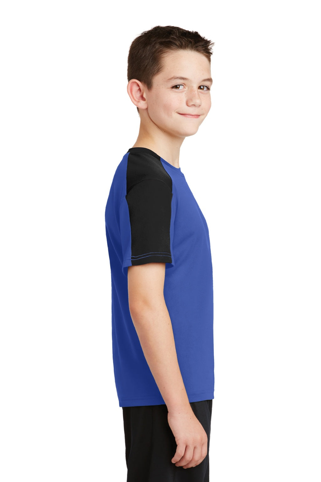 Sport-Tek YST354 Youth Competitor Moisture Wicking Short Sleeve Crewneck T-Shirt True Royal Blue/Black Model Side