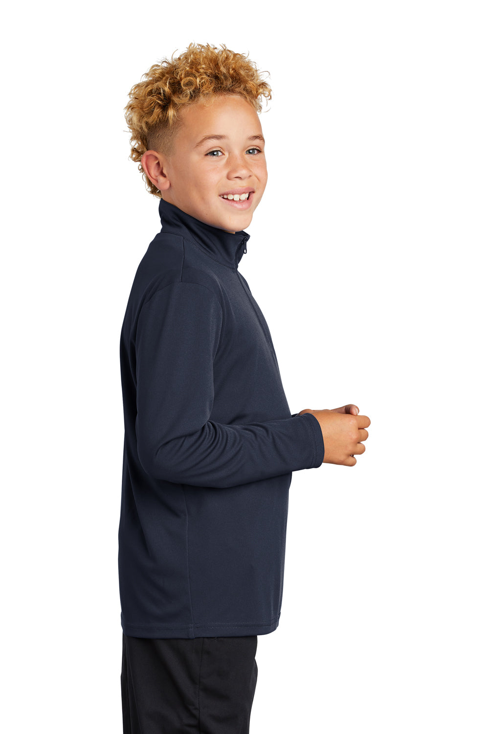 Sport-Tek YST357 Youth Competitor Moisture Wicking 1/4 Zip Sweatshirt True Navy Blue Model Side