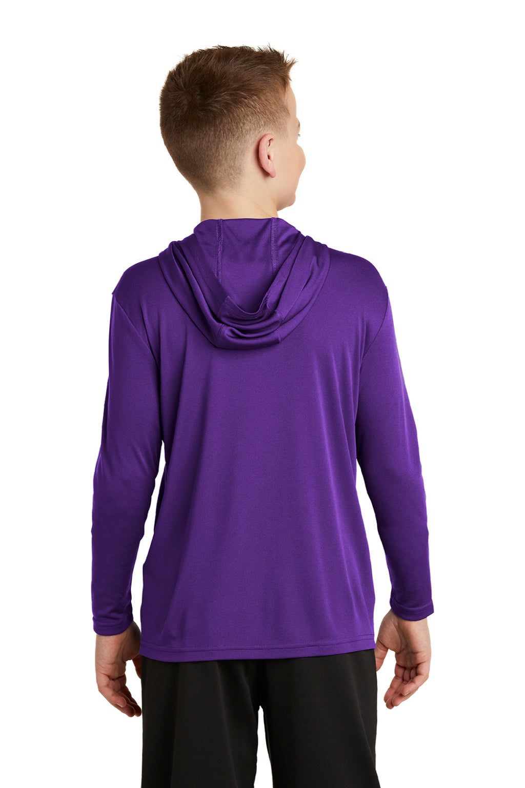 Sport-Tek YST358 Youth Competitor Moisture Wicking Long Sleeve Hooded T-Shirt Hoodie Purple Model Back