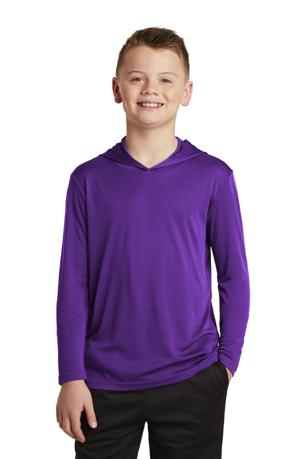 Sport-Tek YST358 Youth Competitor Moisture Wicking Long Sleeve Hooded T-Shirt Hoodie Purple Model Front