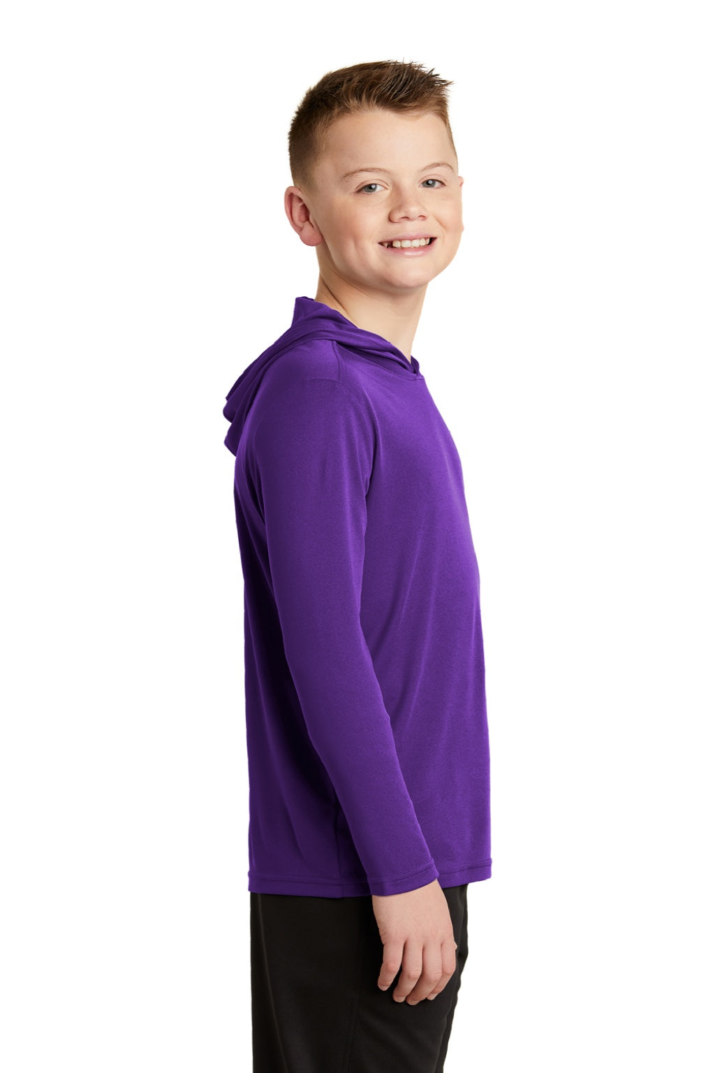 Sport-Tek YST358 Youth Competitor Moisture Wicking Long Sleeve Hooded T-Shirt Hoodie Purple Model Side