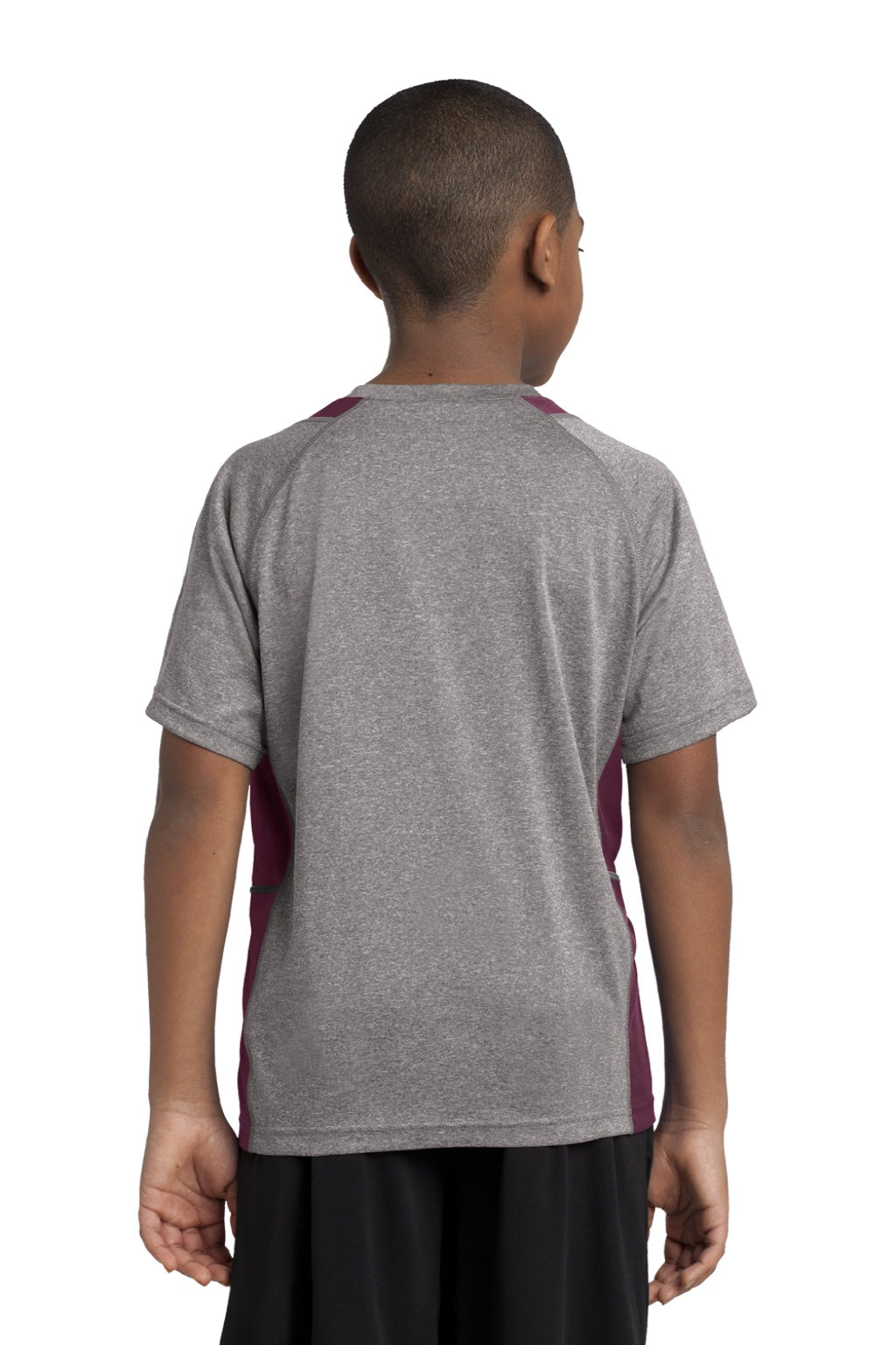 Sport-Tek YST361 Youth Contender Heather Moisture Wicking Short Sleeve Crewneck T-Shirt Heather Vintage Grey/Maroon Model Back
