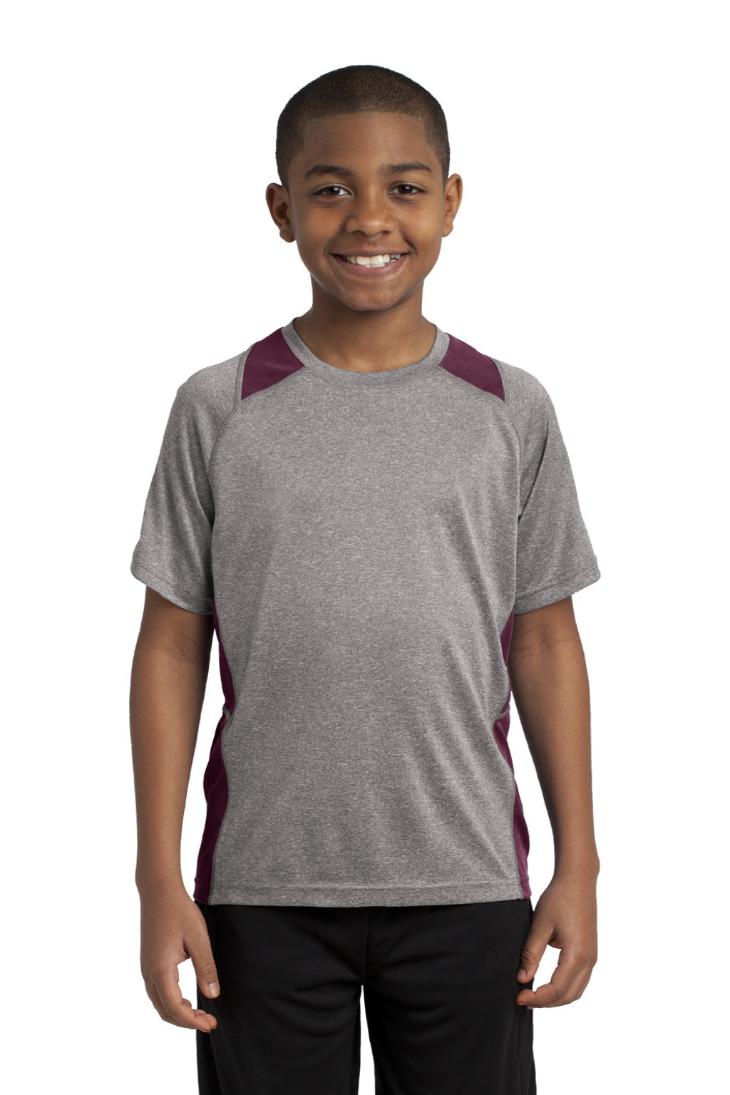Sport-Tek YST361 Youth Contender Heather Moisture Wicking Short Sleeve Crewneck T-Shirt Heather Vintage Grey/Maroon Model Front