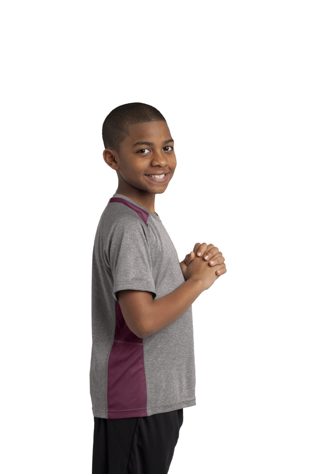Sport-Tek YST361 Youth Contender Heather Moisture Wicking Short Sleeve Crewneck T-Shirt Heather Vintage Grey/Maroon Model Side