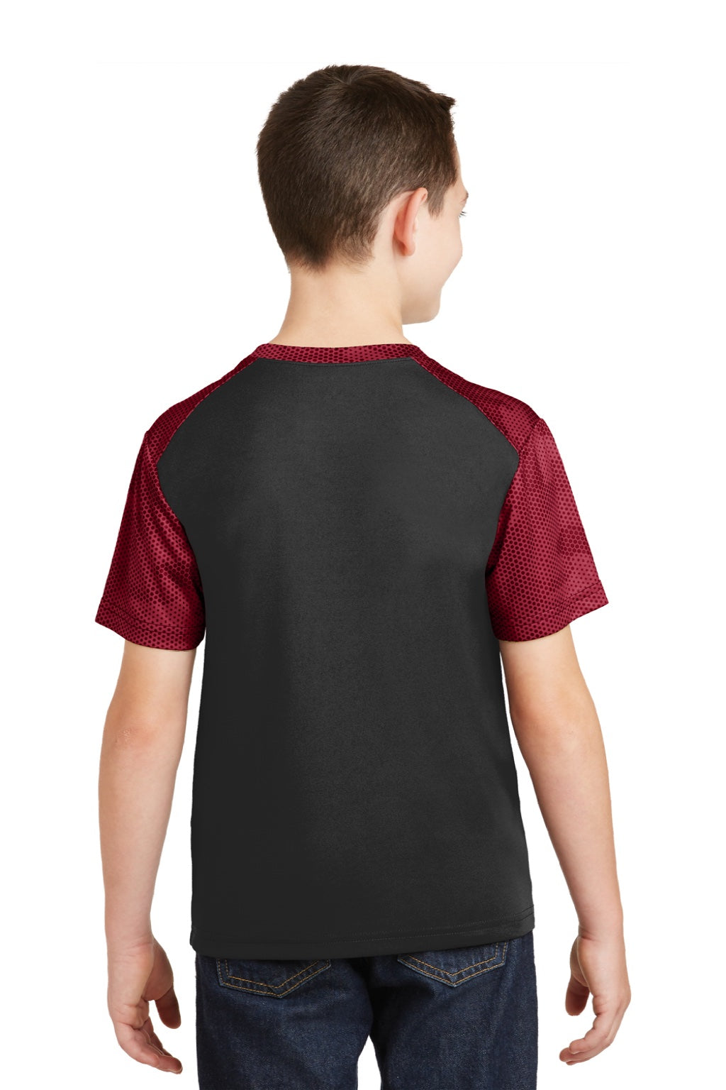 Sport-Tek YST371 Youth CamoHex Moisture Wicking Short Sleeve Crewneck T-Shirt Black/Deep Red Model Back