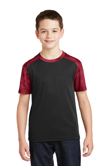 Sport-Tek YST371 Youth CamoHex Moisture Wicking Short Sleeve Crewneck T-Shirt Black/Deep Red Model Front