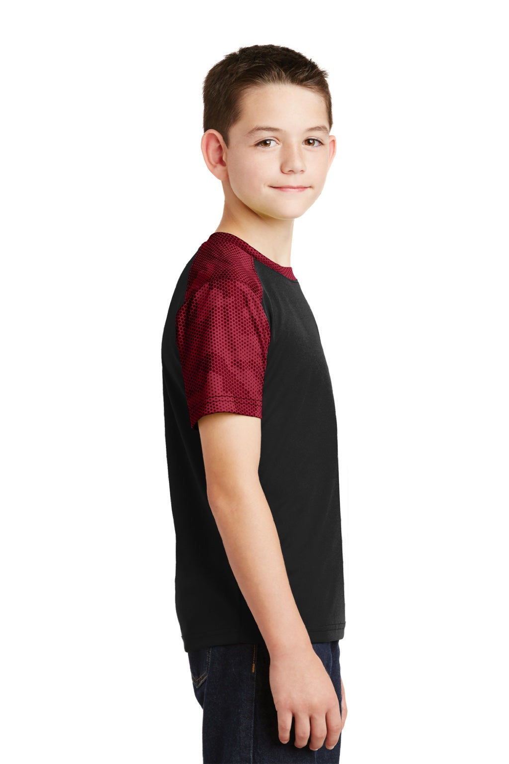 Sport-Tek YST371 Youth CamoHex Moisture Wicking Short Sleeve Crewneck T-Shirt Black/Deep Red Model Side
