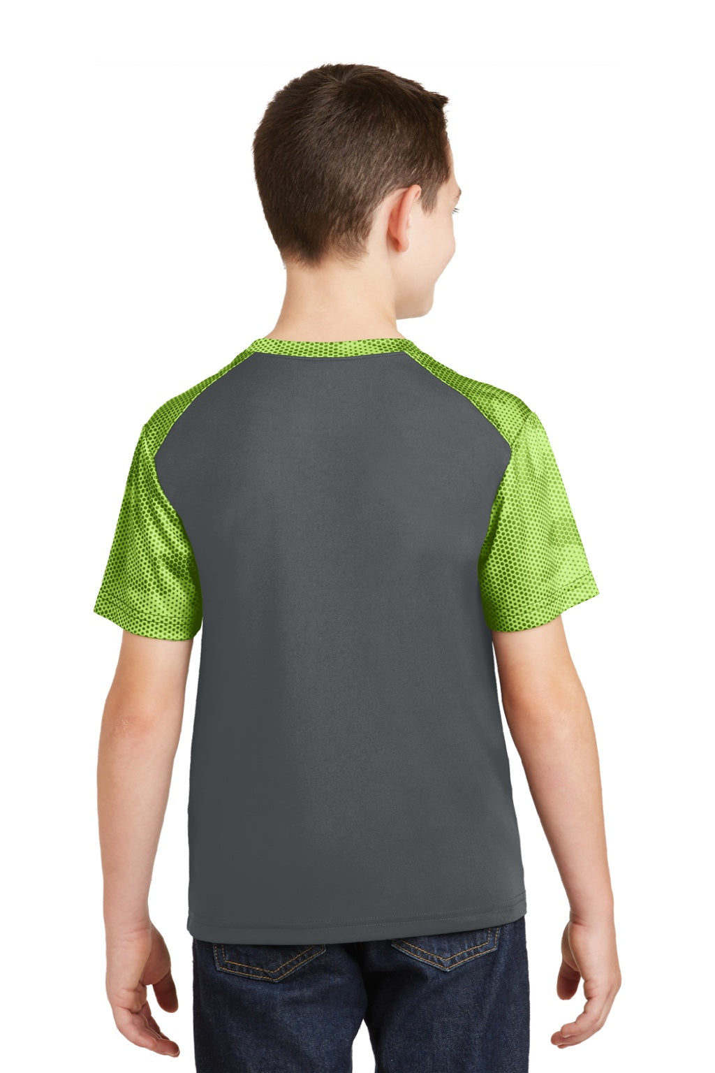 Sport-Tek YST371 Youth CamoHex Moisture Wicking Short Sleeve Crewneck T-Shirt Iron Grey/Lime Shock Green Model Back
