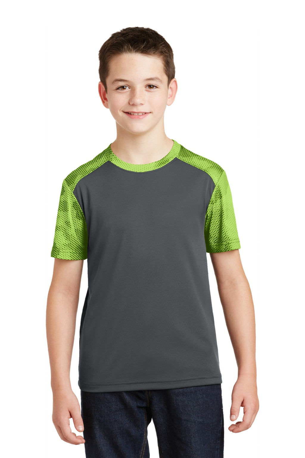 Sport-Tek YST371 Youth CamoHex Moisture Wicking Short Sleeve Crewneck T-Shirt Iron Grey/Lime Shock Green Model Front