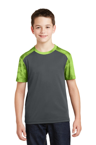 Sport-Tek YST371 Youth CamoHex Moisture Wicking Short Sleeve Crewneck T-Shirt Iron Grey/Lime Shock Green Model Front