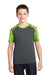 Sport-Tek YST371 Youth CamoHex Moisture Wicking Short Sleeve Crewneck T-Shirt Iron Grey/Lime Shock Green Model Front