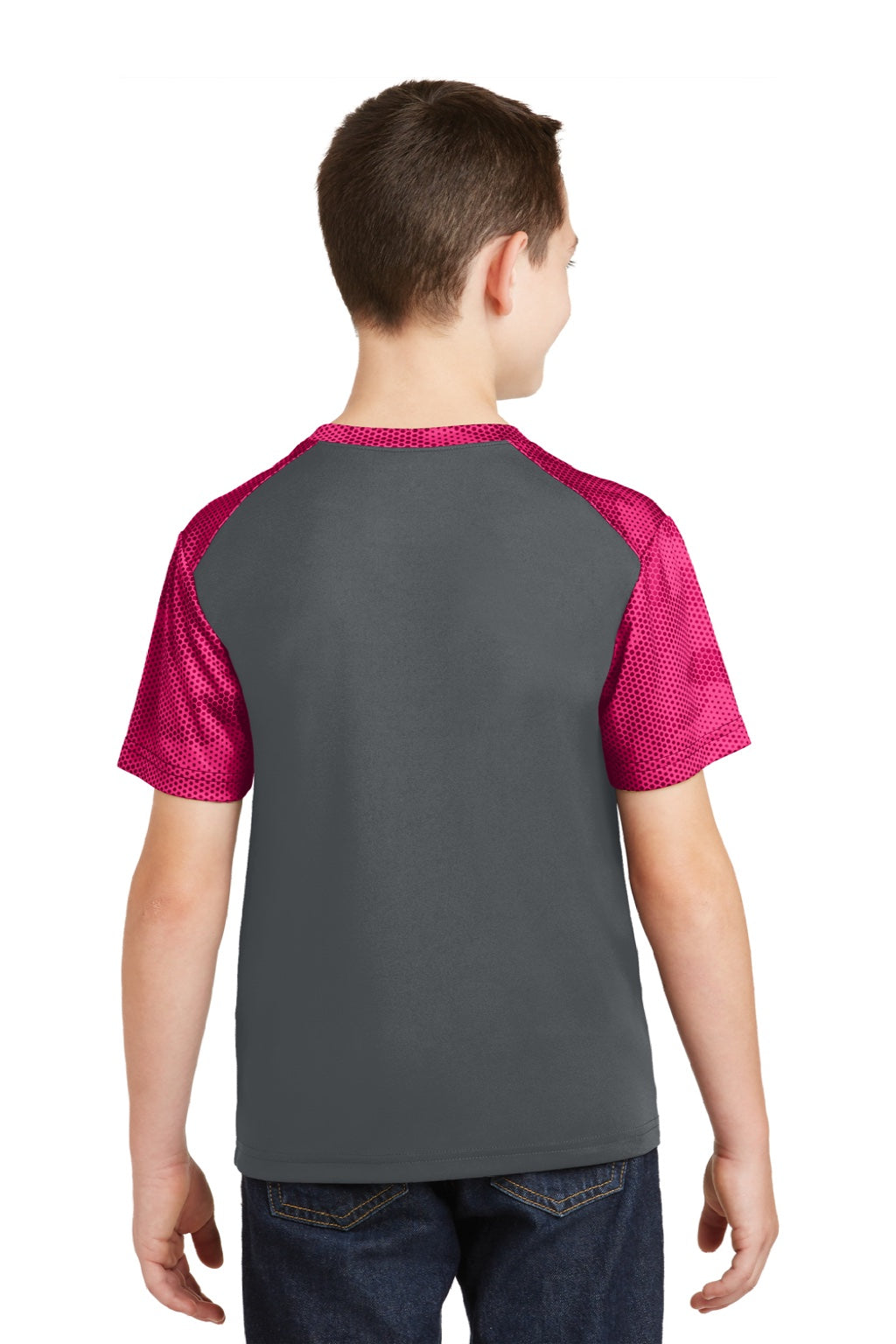 Sport-Tek YST371 Youth CamoHex Moisture Wicking Short Sleeve Crewneck T-Shirt Iron Grey/Raspberry Pink Model Back