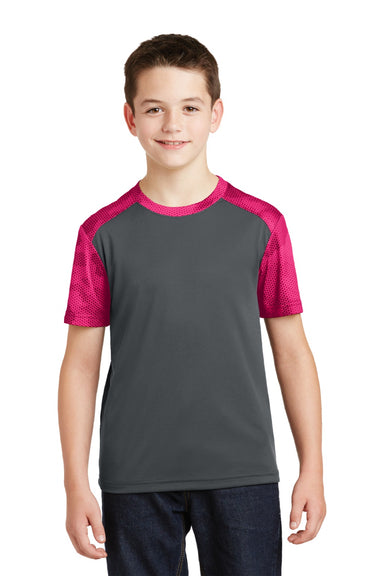 Sport-Tek YST371 Youth CamoHex Moisture Wicking Short Sleeve Crewneck T-Shirt Iron Grey/Raspberry Pink Model Front