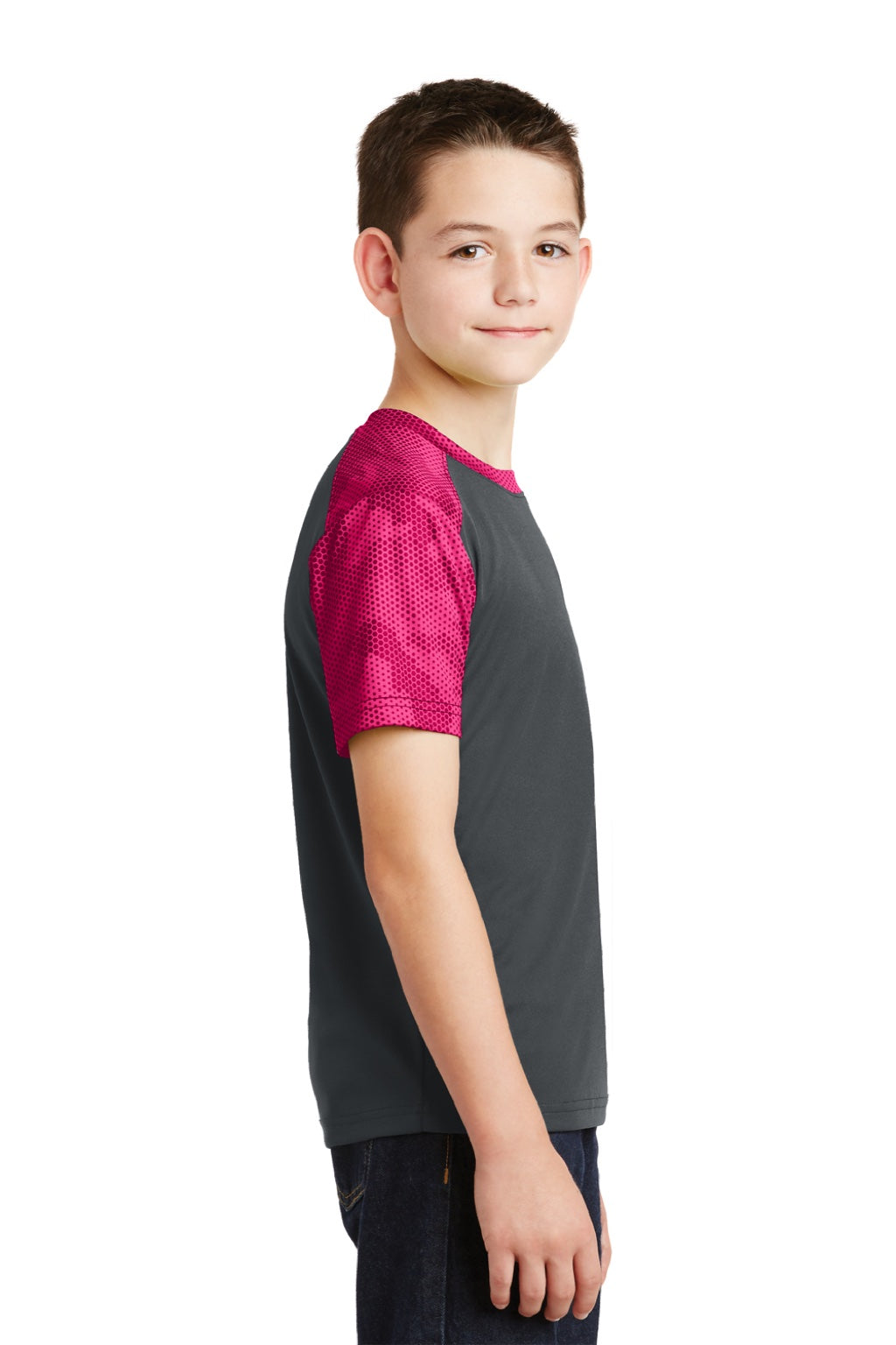 Sport-Tek YST371 Youth CamoHex Moisture Wicking Short Sleeve Crewneck T-Shirt Iron Grey/Raspberry Pink Model Side