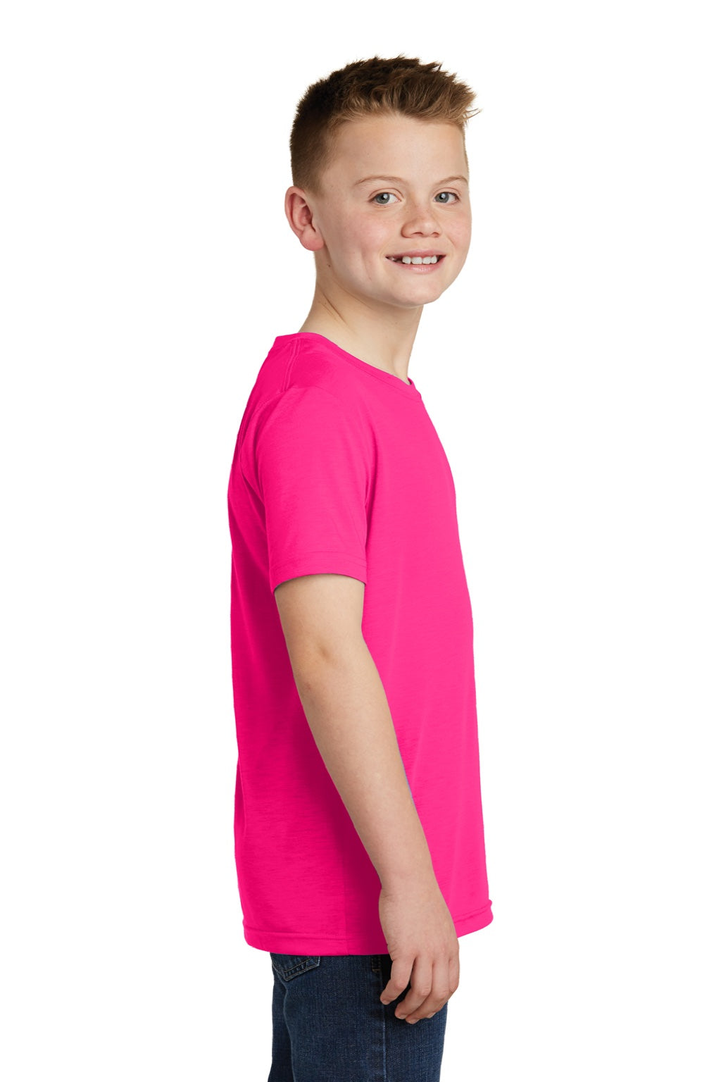 Sport-Tek YST450 Youth Competitor Moisture Wicking Short Sleeve Crewneck T-Shirt Neon Pink Model Side