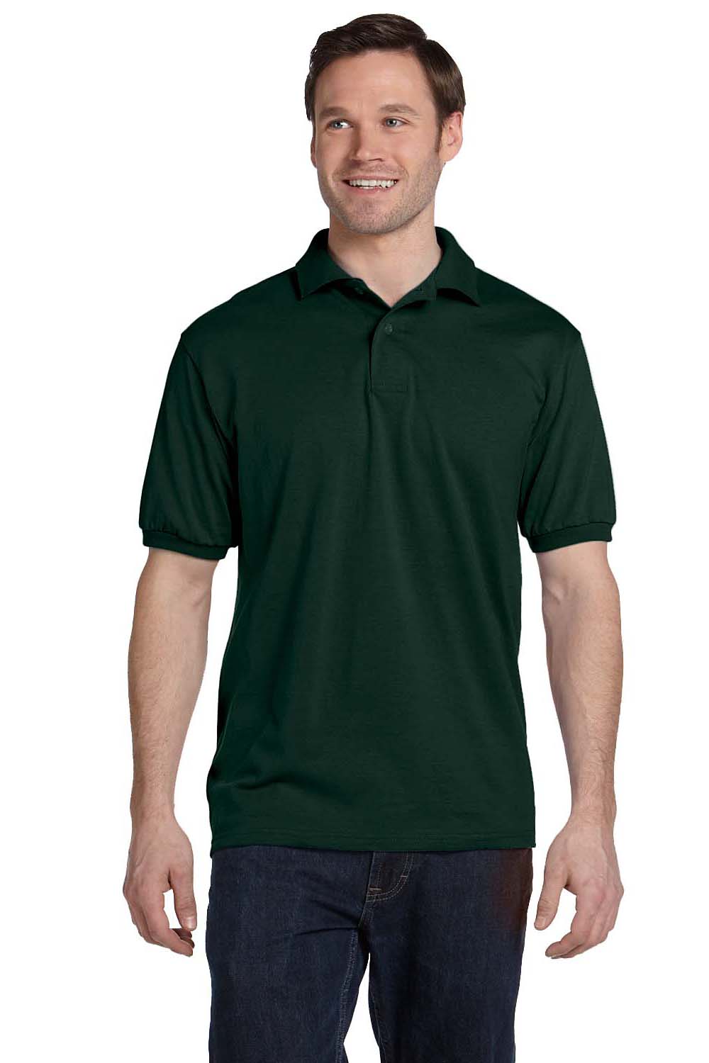 Hanes 054 Mens EcoSmart Short Sleeve Polo Shirt Forest Green Front