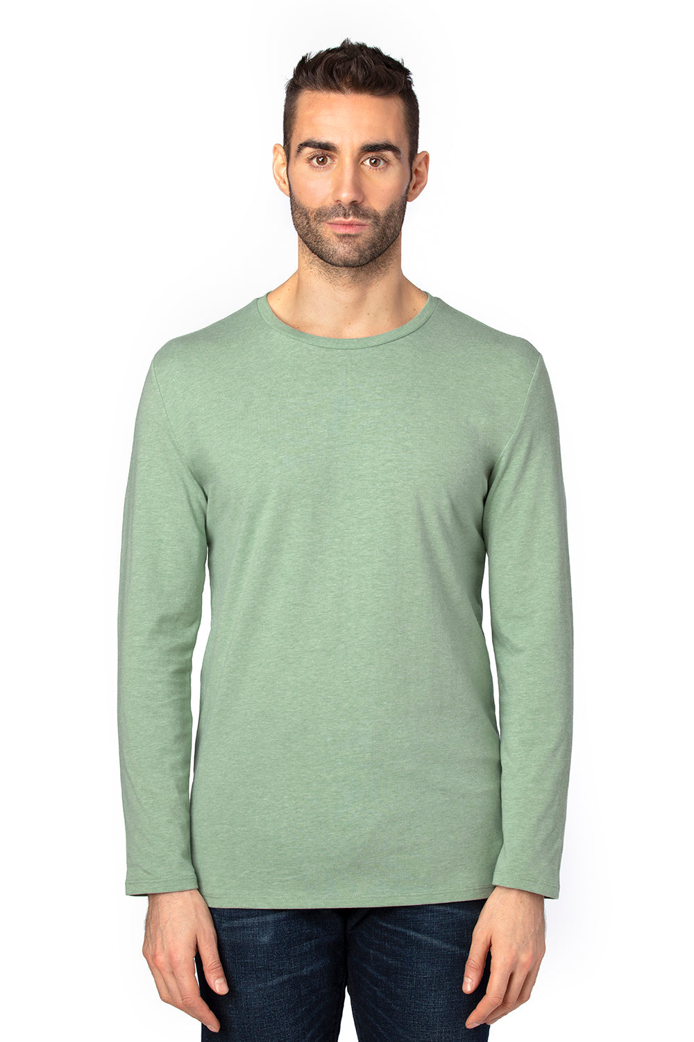 Threadfast Apparel 100LS Mens Ultimate Long Sleeve Crewneck T-Shirt Heather Army Green Front
