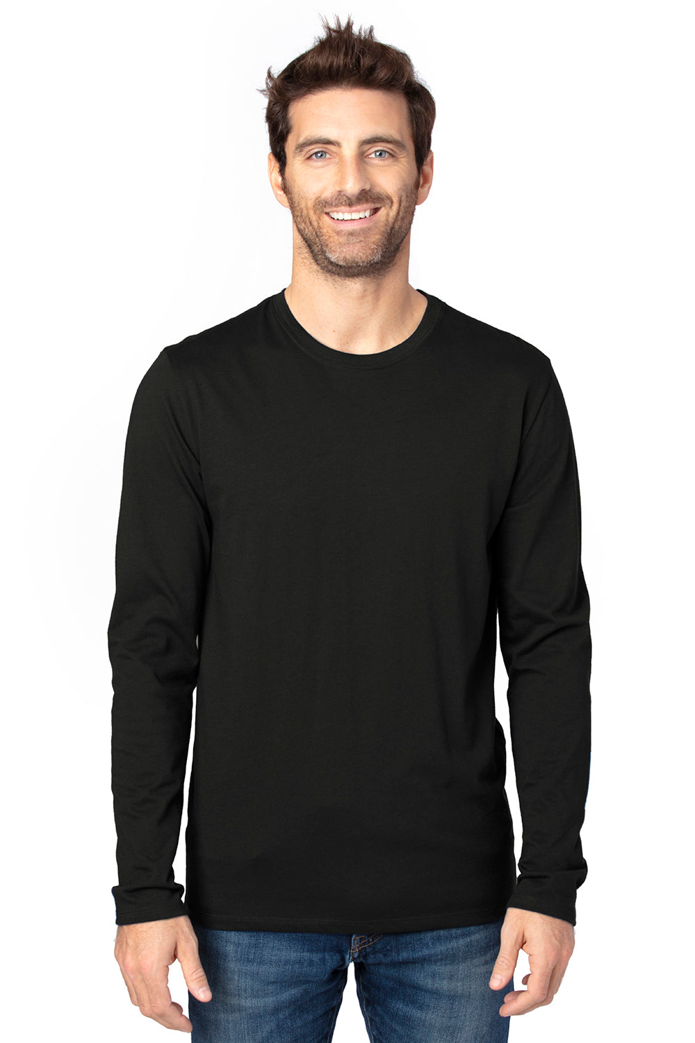 Threadfast Apparel 100LS Mens Ultimate Long Sleeve Crewneck T-Shirt Black Front