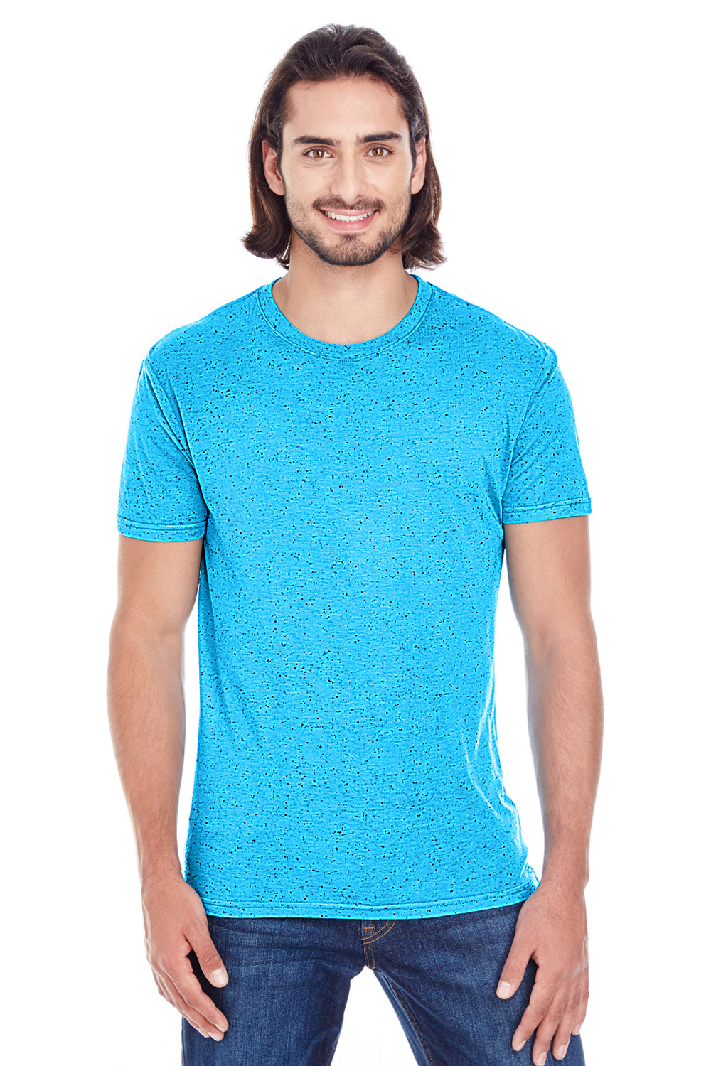 Threadfast Apparel 103A Mens Fleck Short Sleeve Crewneck T-Shirt Turquoise Blue Front