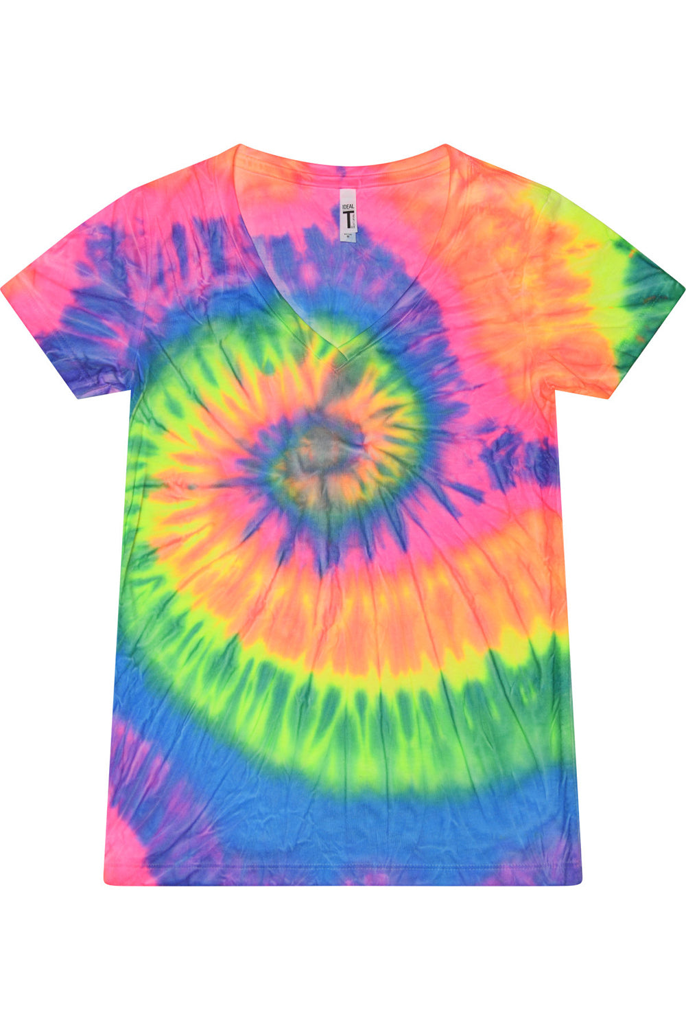 Tie-Dye 1075CD Womens Short Sleeve V-Neck T-Shirt Neon Rainbow Flat Front