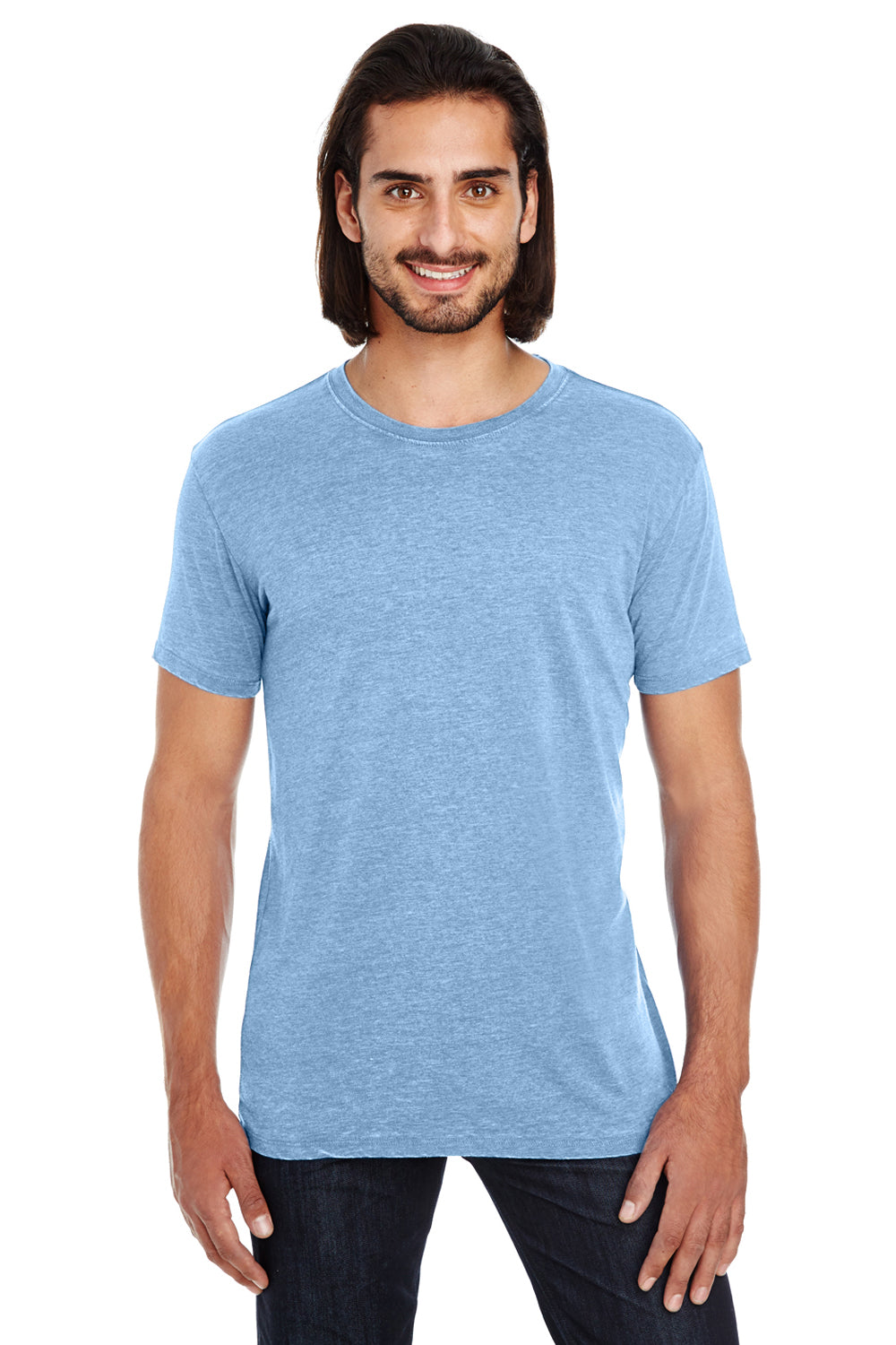 Threadfast Apparel 108A Mens Vintage Dye Short Sleeve Crewneck T-Shirt Denim Blue Front
