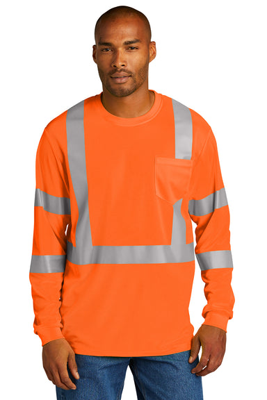 CornerStone Mens ANSI 107 Class 3 Long Sleeve Crewneck T-Shirt Safety Orange Front
