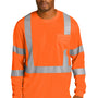 CornerStone Mens ANSI 107 Class 3 Moisture Wicking Long Sleeve Crewneck T-Shirt w/ Pocket - Safety Orange