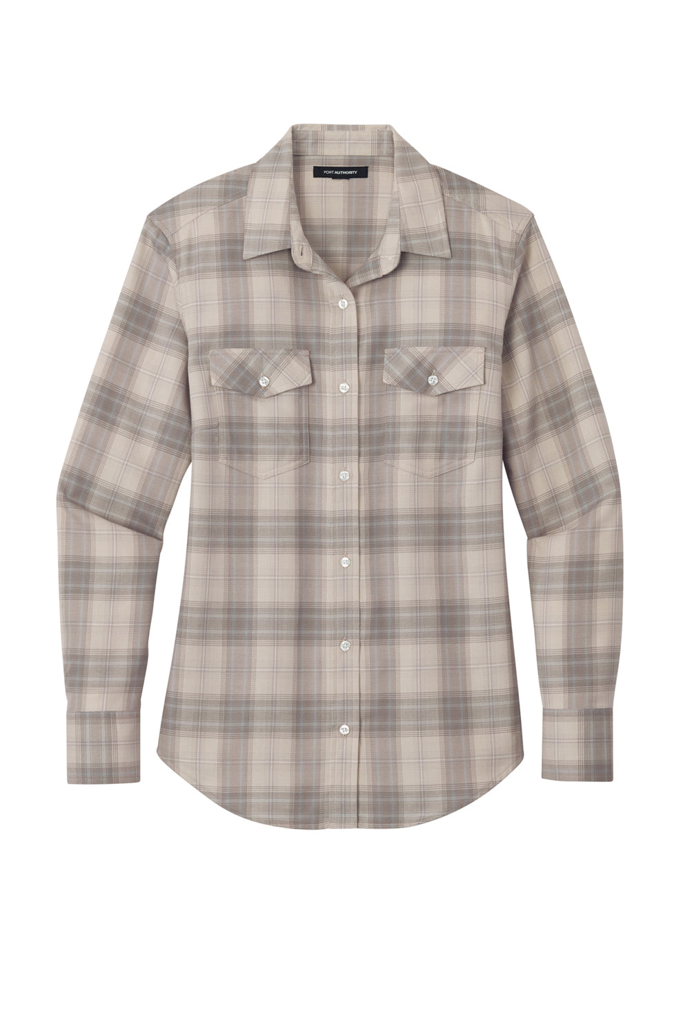 Port Authority LW672 Ombre Plaid Long Sleeve Button Down Shirt Frost Grey Flat Front