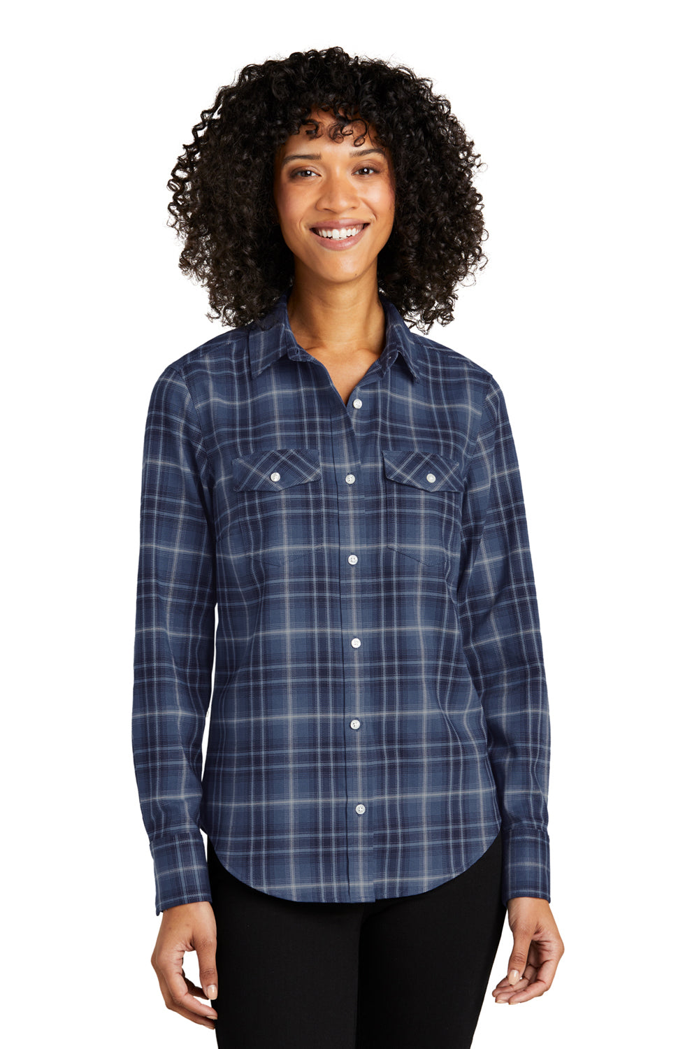 Port Authority LW672 Ombre Plaid Long Sleeve Button Down Shirt True Navy Blue Front