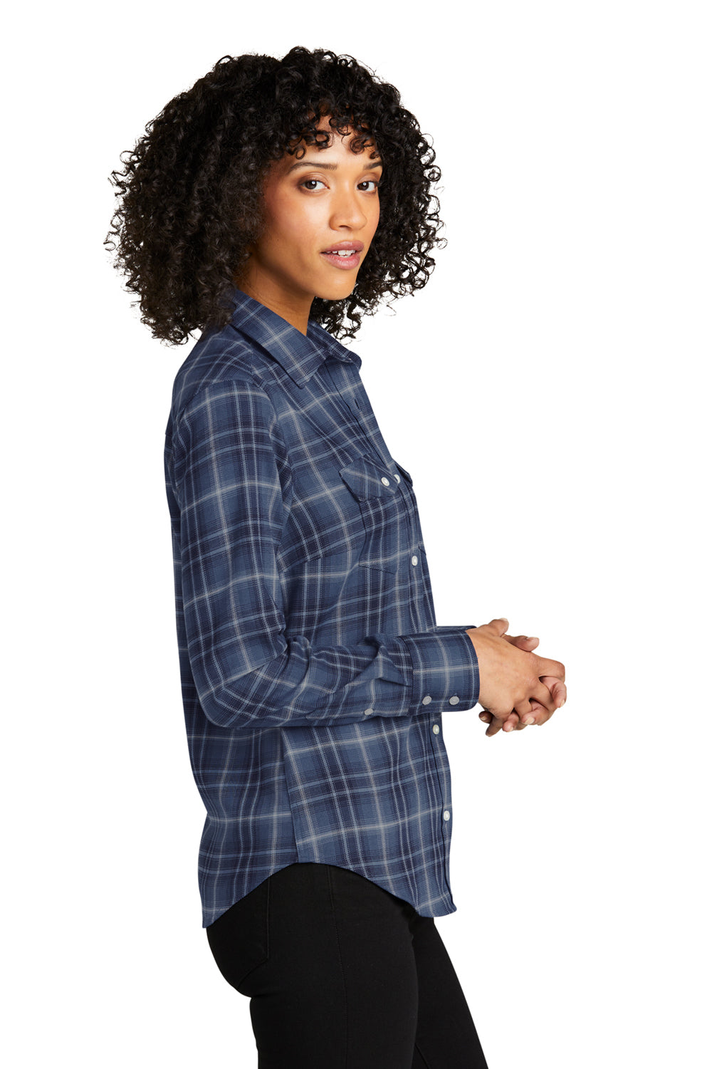 Port Authority LW672 Ombre Plaid Long Sleeve Button Down Shirt True Navy Blue Side
