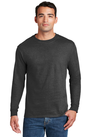 Hanes Mens Beefy-T Long Sleeve Crewneck T-Shirt Heather Charcoal Grey Front