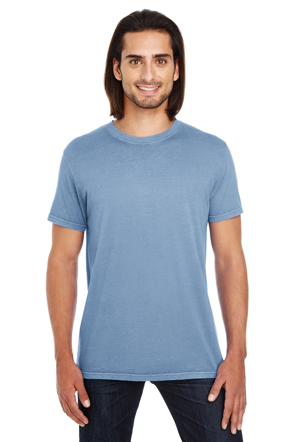 Threadfast Apparel 130A Mens Short Sleeve Crewneck T-Shirt Denim Blue Front
