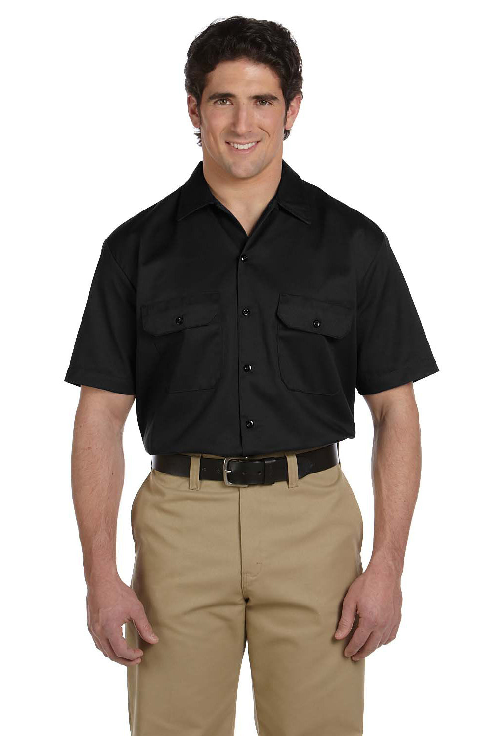 Dickies 1574 Mens Moisture Wicking Short Sleeve Button Down Shirt w/ Double Pockets Black Front