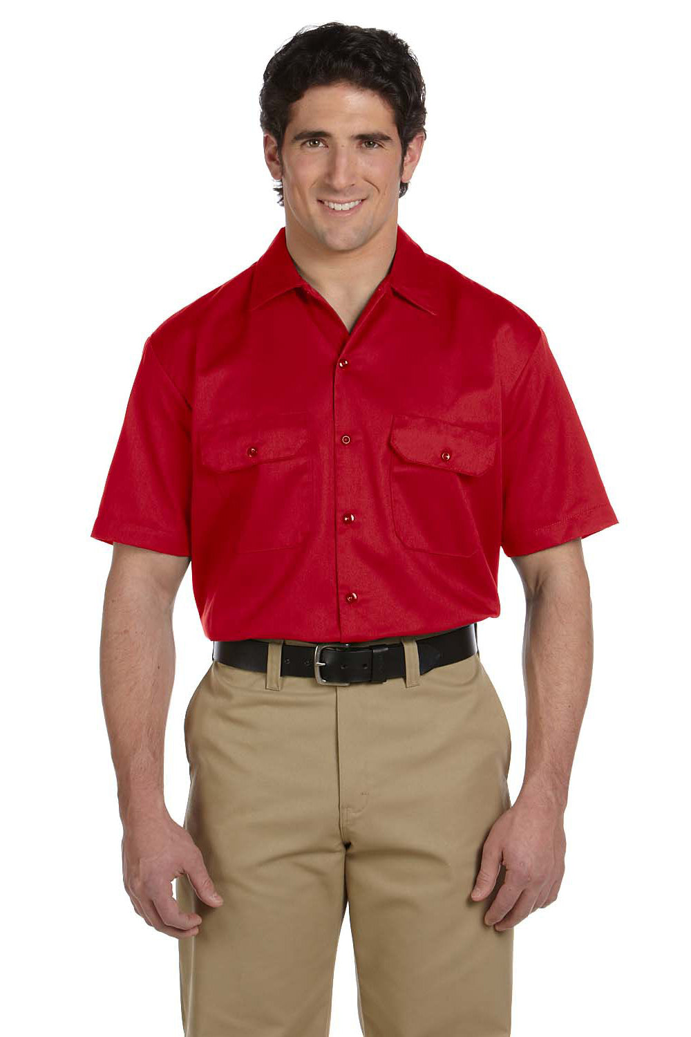Dickies 1574 Mens Moisture Wicking Short Sleeve Button Down Shirt w/ Double Pockets Red Front