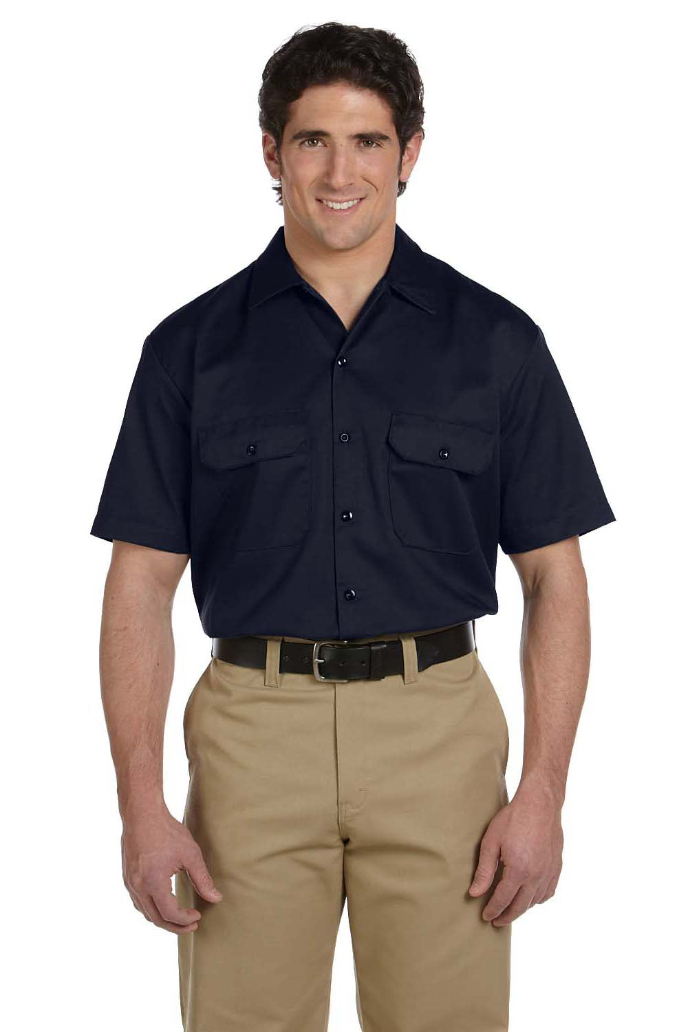 Dickies 1574 Mens Moisture Wicking Short Sleeve Button Down Shirt w/ Double Pockets Navy Blue Front