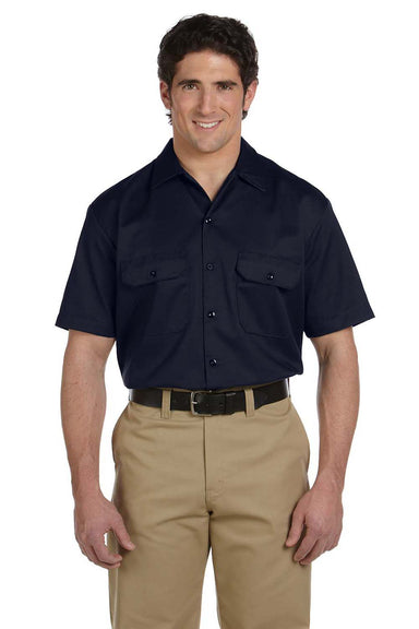 Dickies 1574 Mens Moisture Wicking Short Sleeve Button Down Shirt w/ Double Pockets Navy Blue Front