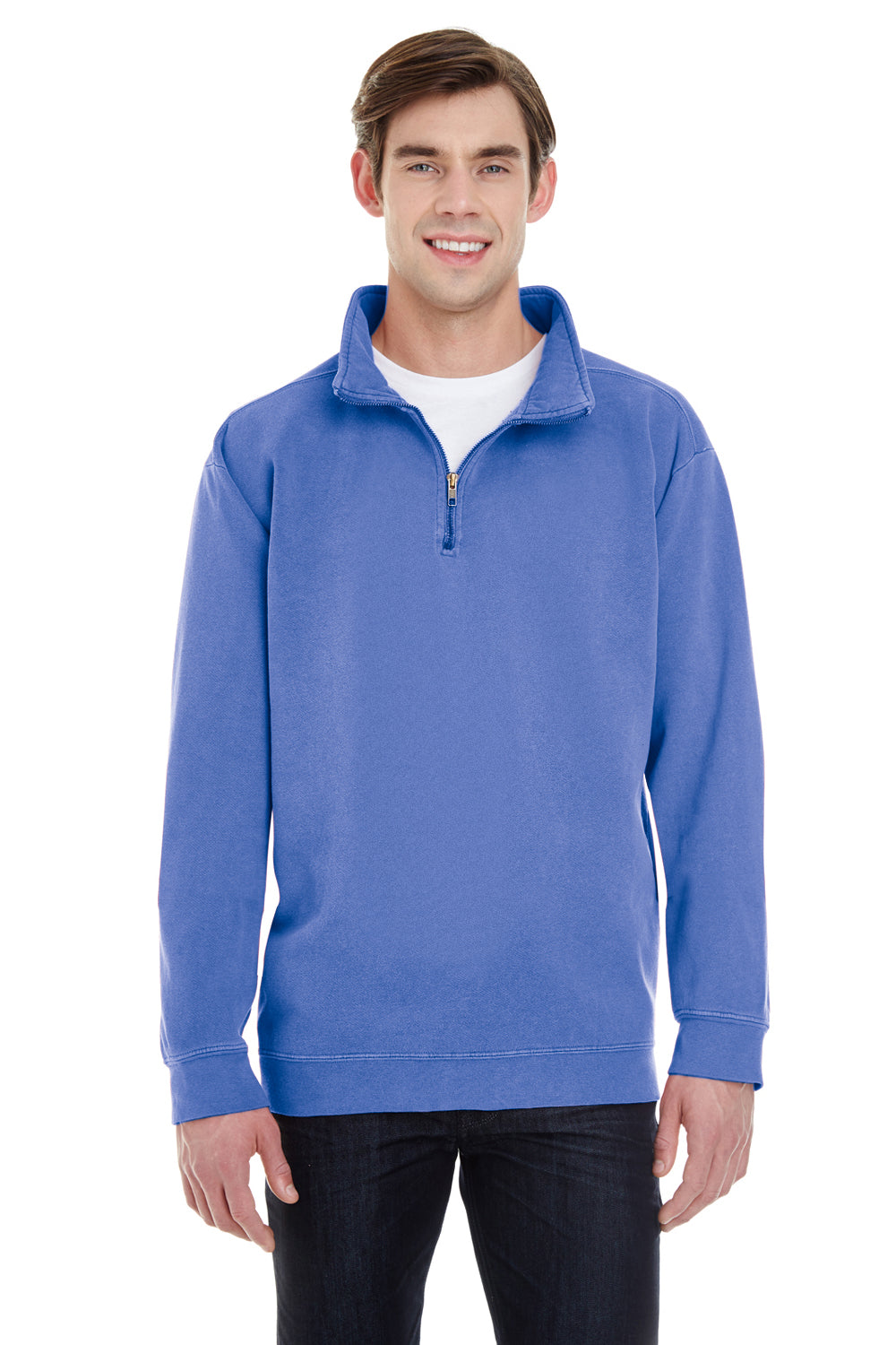 Comfort Colors 1580 Mens 1/4 Zip Sweatshirt Flo Blue Front
