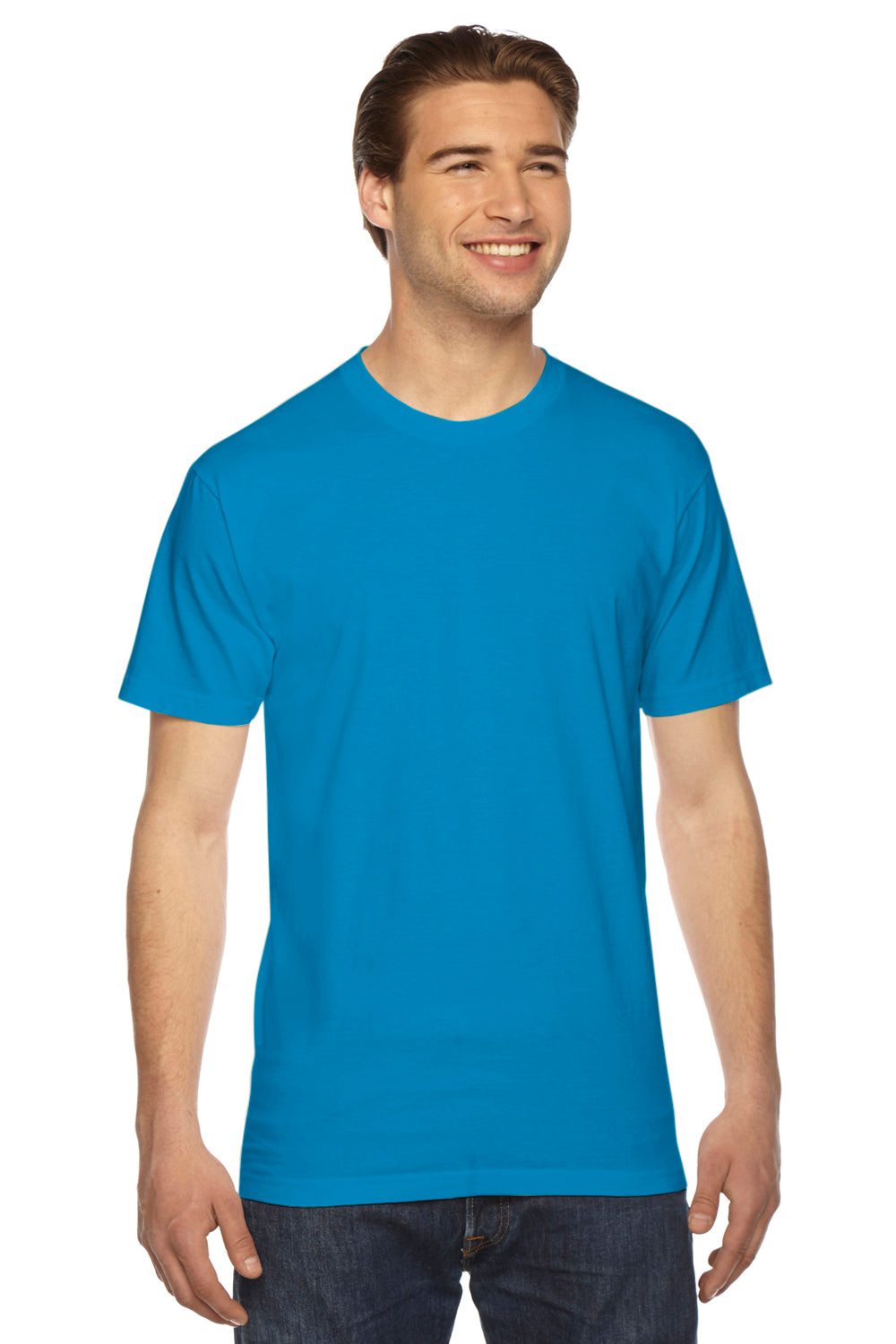American Apparel 2001 Mens USA Made Fine Jersey Short Sleeve Crewneck T-Shirt Teal Blue Front