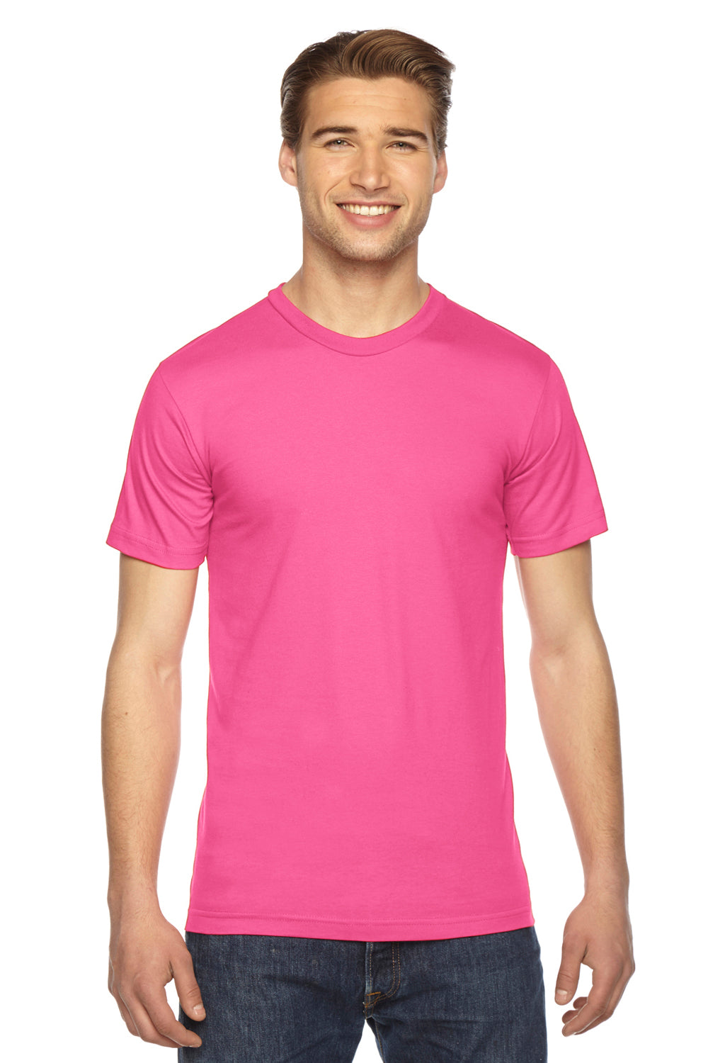 American Apparel 2001 Mens USA Made Fine Jersey Short Sleeve Crewneck T-Shirt Fuchsia Pink Front