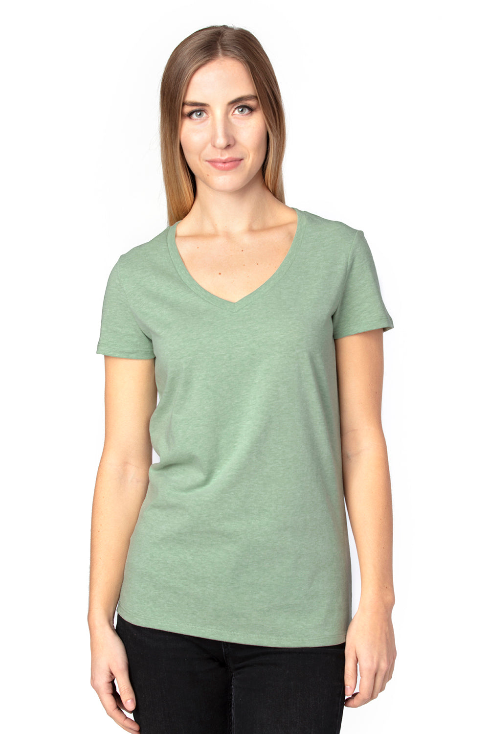Threadfast Apparel 200RV Womens Ultimate Short Sleeve V-Neck T-Shirt Heather Army Green Front