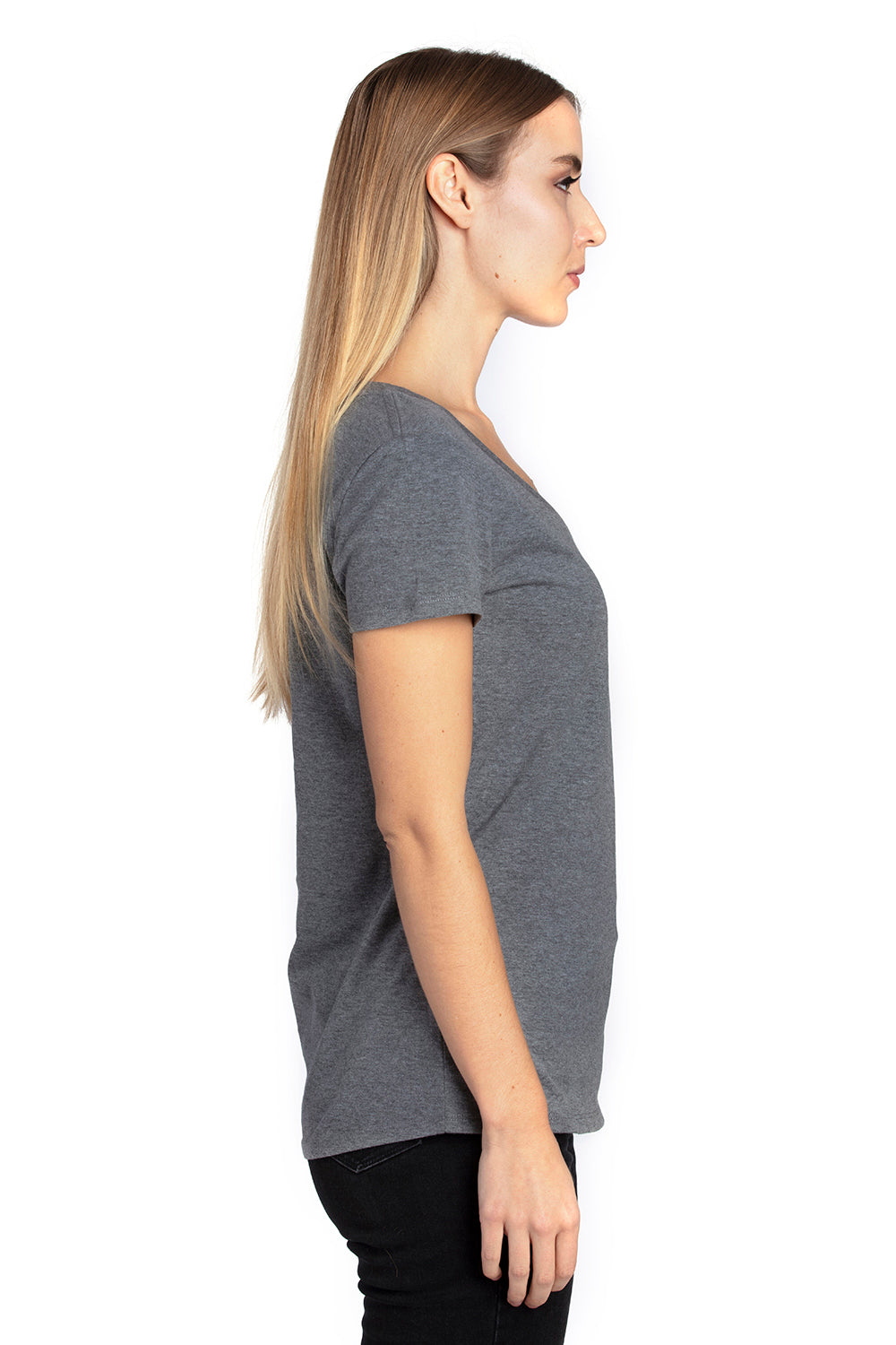 Threadfast Apparel 200RV Womens Ultimate Short Sleeve V-Neck T-Shirt Heather Charcoal Grey Side