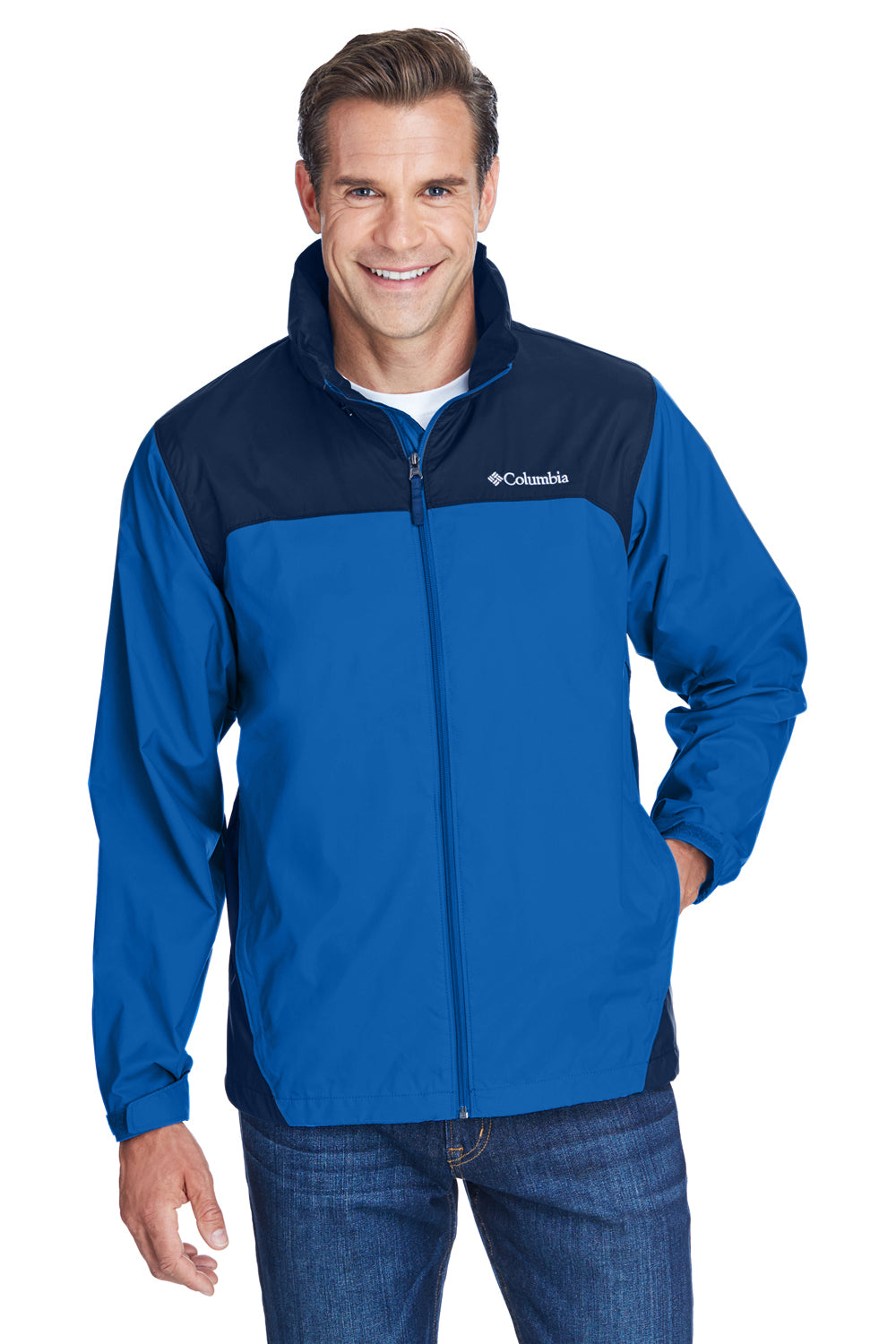 Columbia 2015 Mens Glennaker Lake Waterproof Full Zip Hooded Rain Jacket Blue/Navy Blue Front