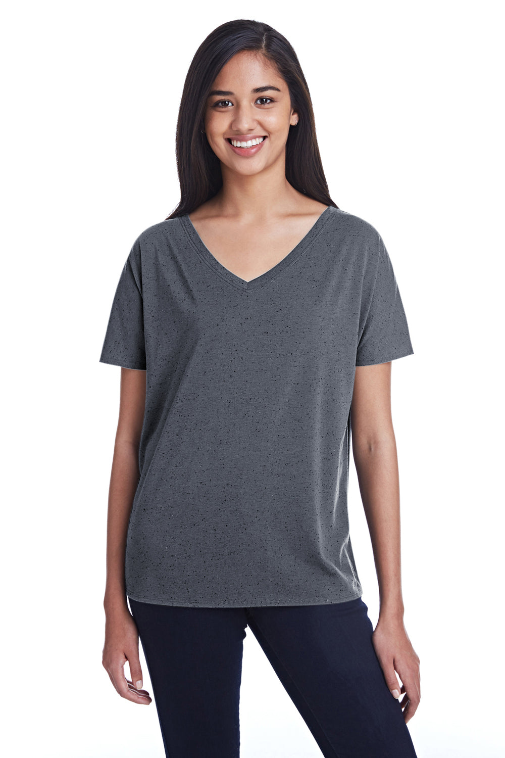 Threadfast Apparel 203FV Womens Fleck Short Sleeve V-Neck T-Shirt Charcoal Grey Front
