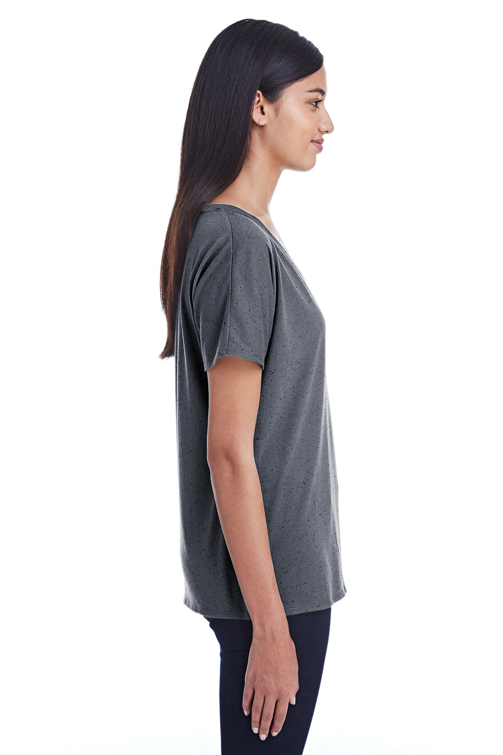 Threadfast Apparel 203FV Womens Fleck Short Sleeve V-Neck T-Shirt Charcoal Grey Side