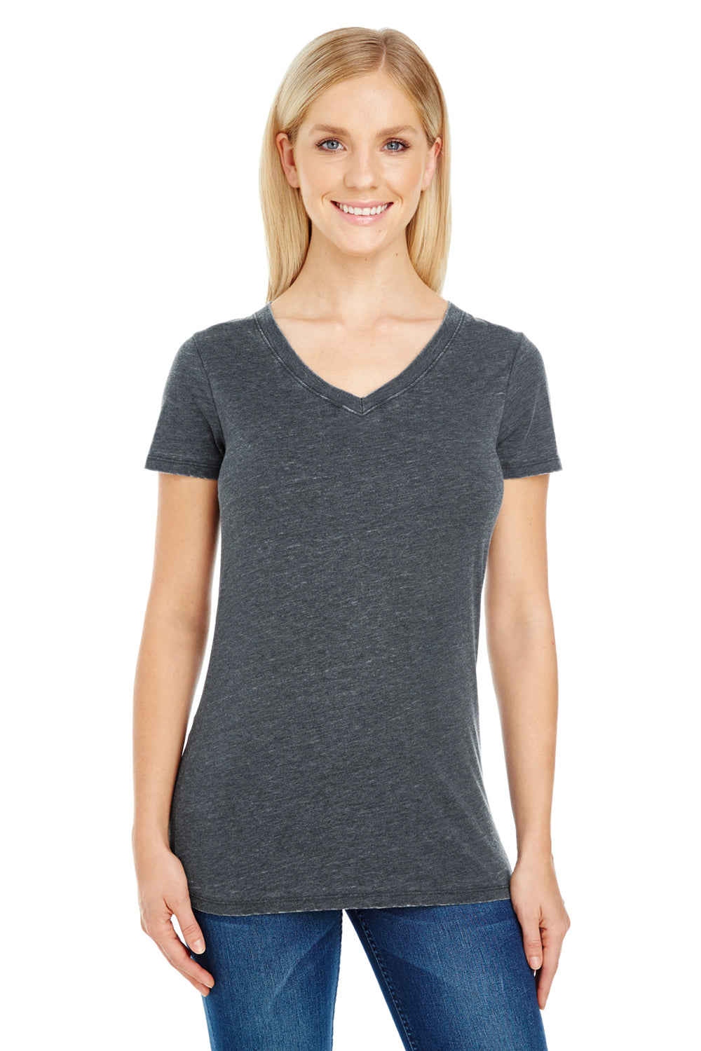 Threadfast Apparel 208B Womens Vintage Dye Short Sleeve V-Neck T-Shirt Charcoal Grey Front