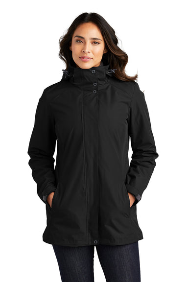 Port Authority L123 Womens All Weather 3 in 1 Full Zip Hooded Jacket Black Front