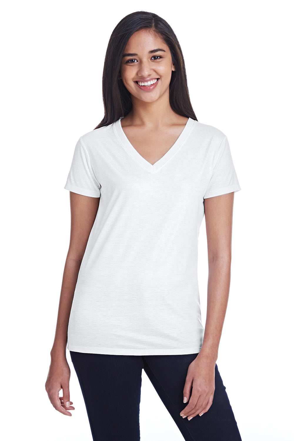 Threadfast Apparel 240RV Womens Liquid Jersey Short Sleeve V-Neck T-Shirt White Front