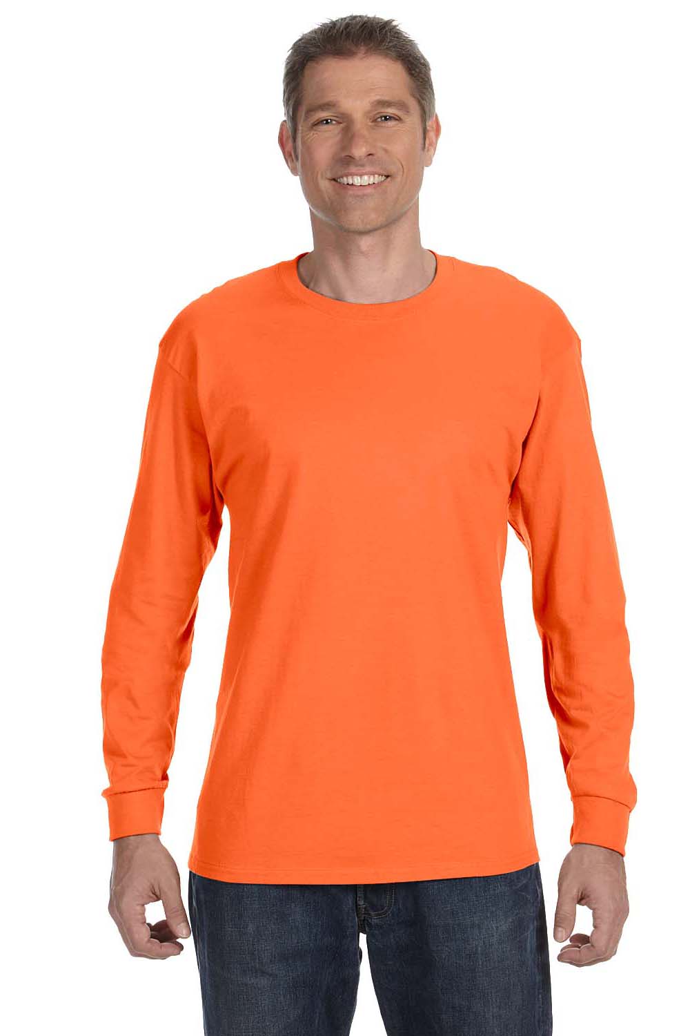 Jerzees 29L Mens Dri-Power Moisture Wicking Long Sleeve Crewneck T-Shirt Safety Orange Front